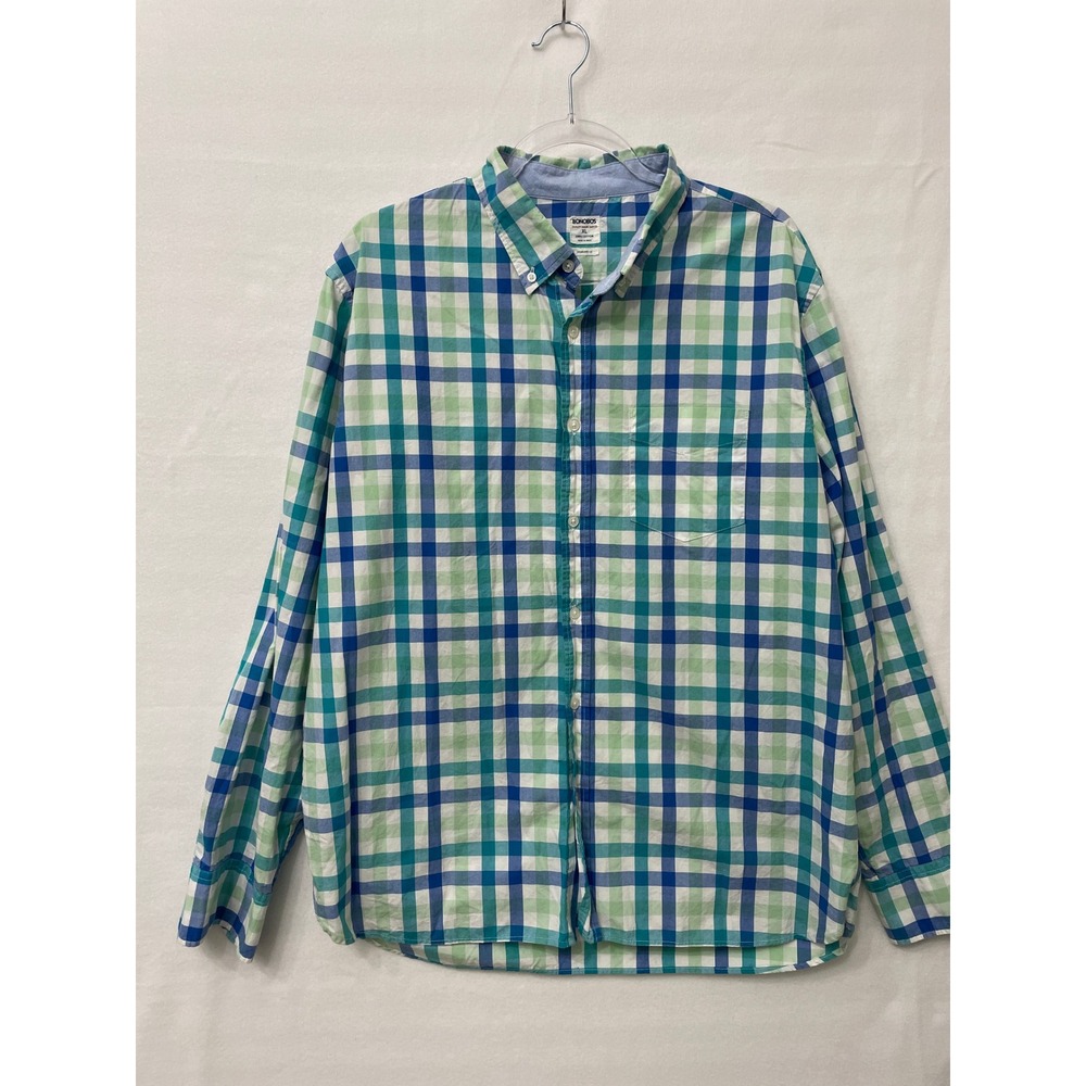 Bonobos Button Down Shirt XL Green Blue Plaid Cotton Standard Fit Preppy